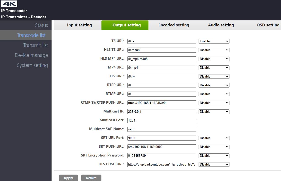 Transcode output settings